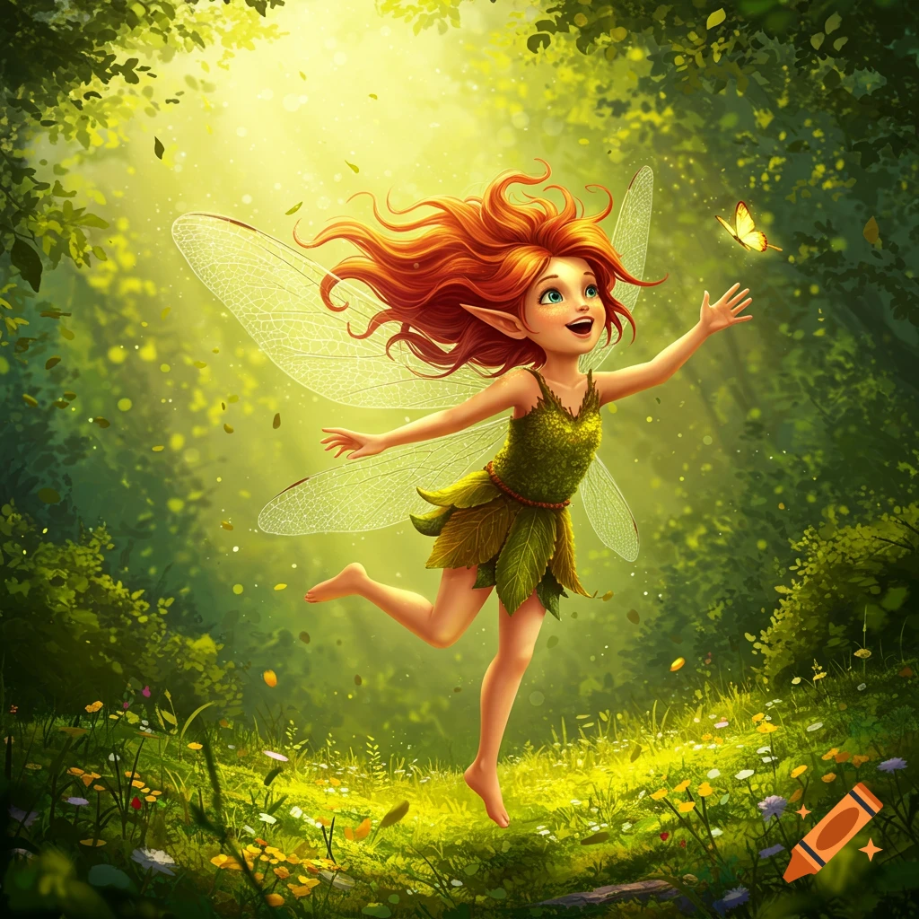 A cheerful, red-haired fairy with translucent wings leaps through a sunlit forest, reaching for a yellow butterfly. Vibrant illustration style.