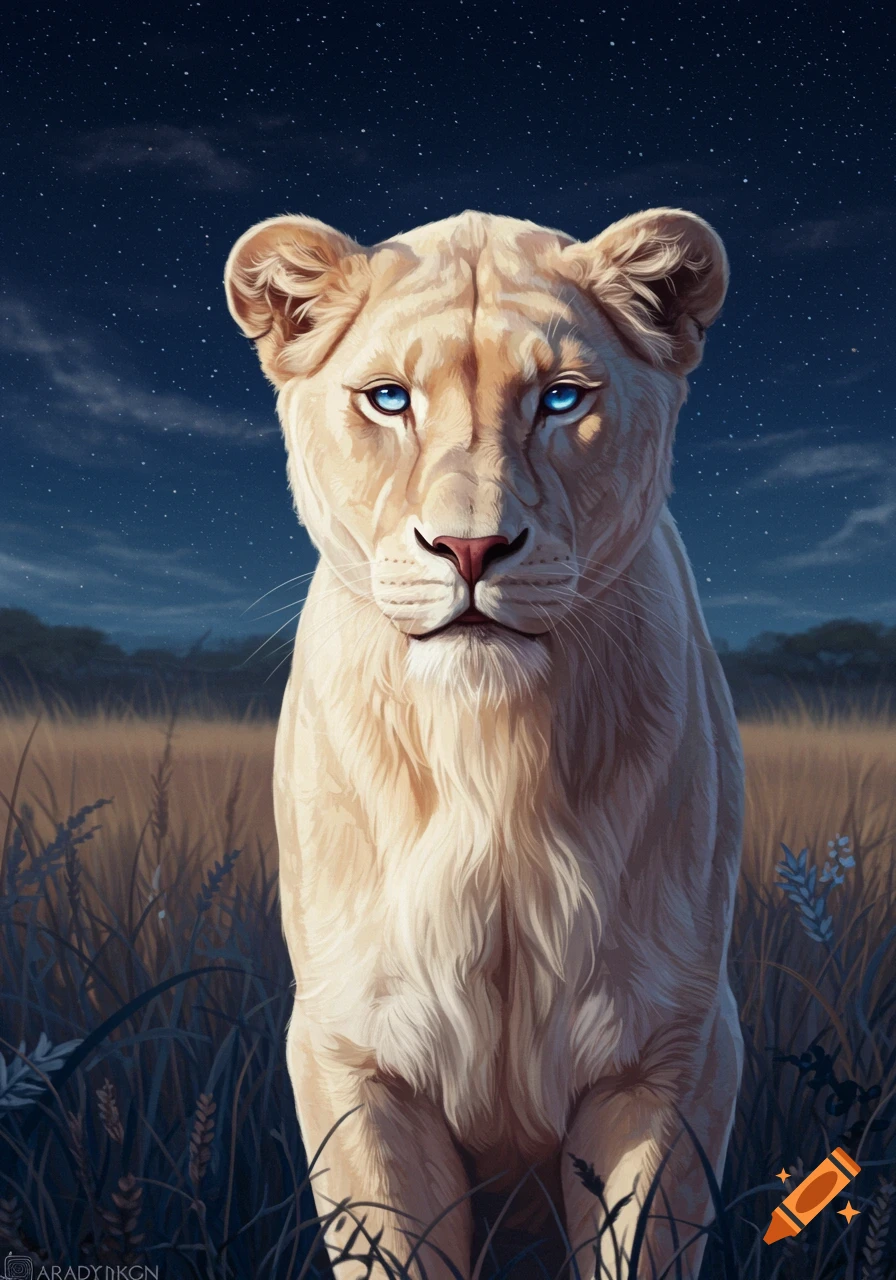 A majestic white lioness with luminous crystal blue eyes stands in a field at night under a starry sky.