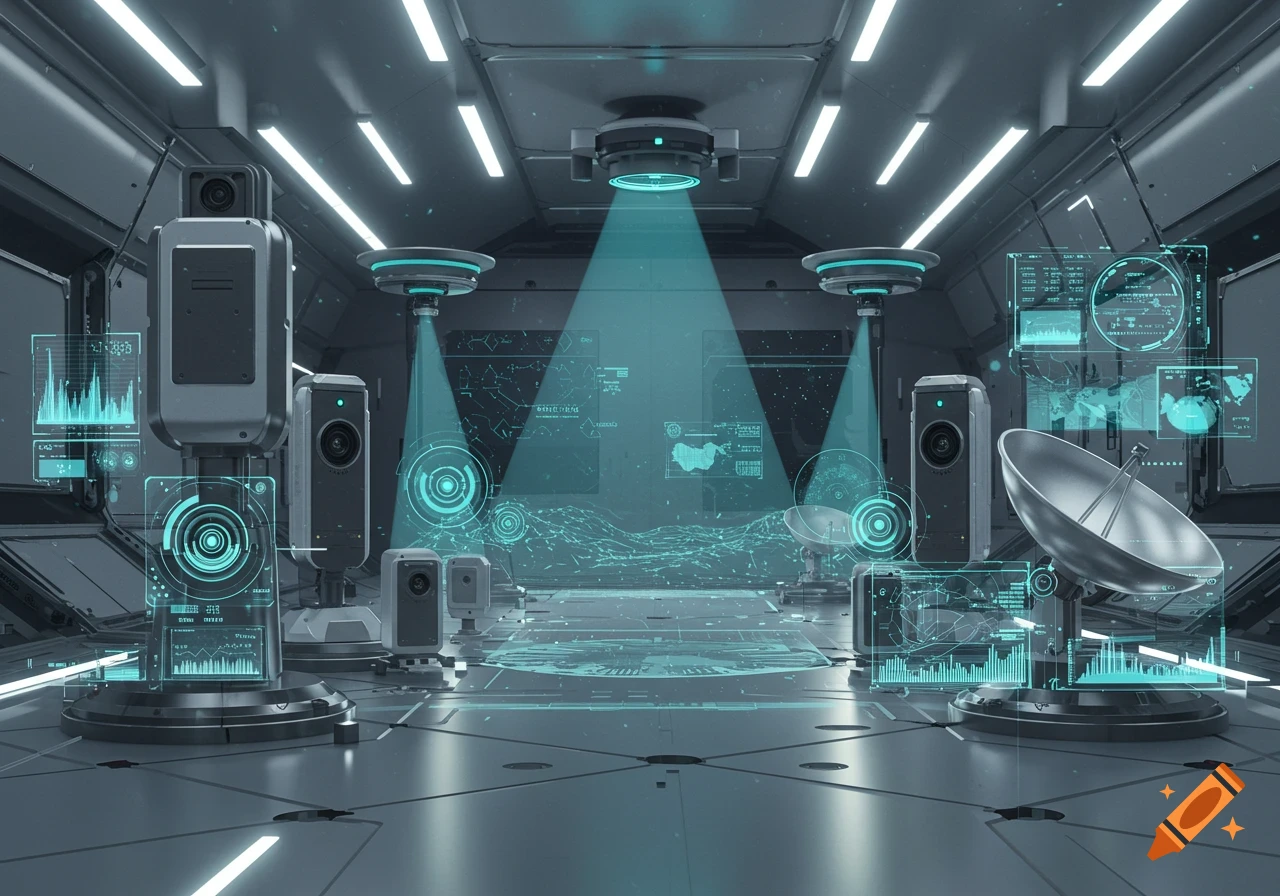 A futuristic control room filled with advanced sensors, cameras, and radar dishes, with glowing blue holographic displays showing data and maps.