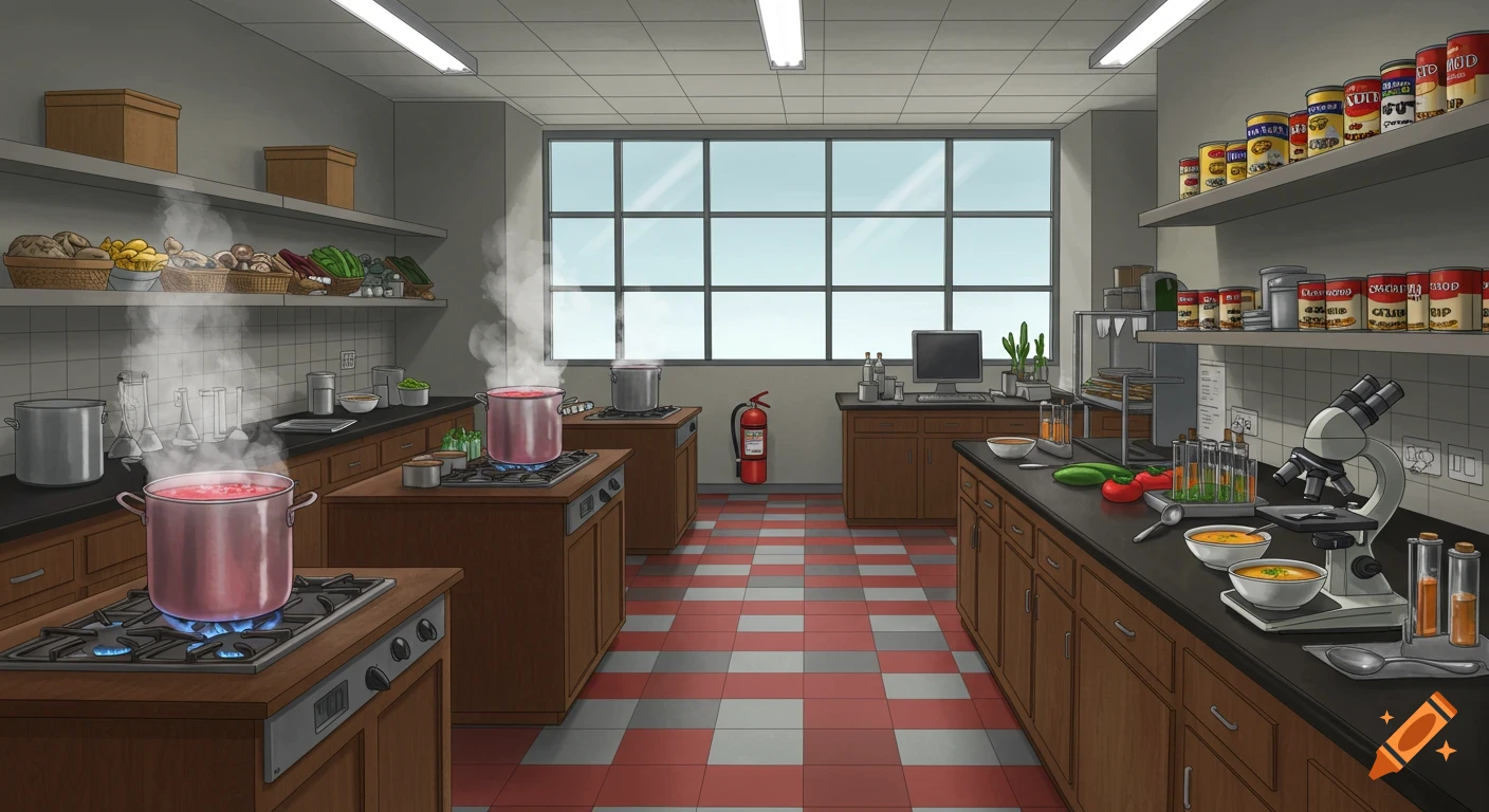 An illustrated food laboratory with cooking pots boiling, shelves of canned goods and baskets, and scientific equipment.