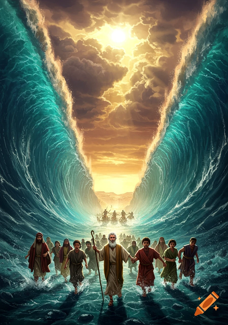 Moses leads Israelites through the dramatically parted Red Sea, with towering waves on either side and the bright sun above.