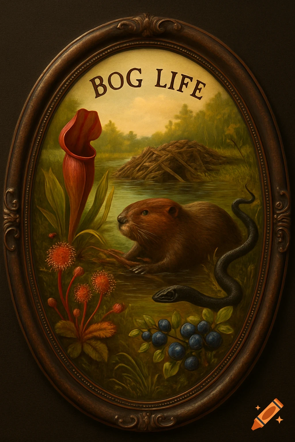 A detailed painting in an oval frame shows a beaver in a bog with a pitcher plant, sundew, black snake, and blueberries, with 'BOG LIFE' at the top.