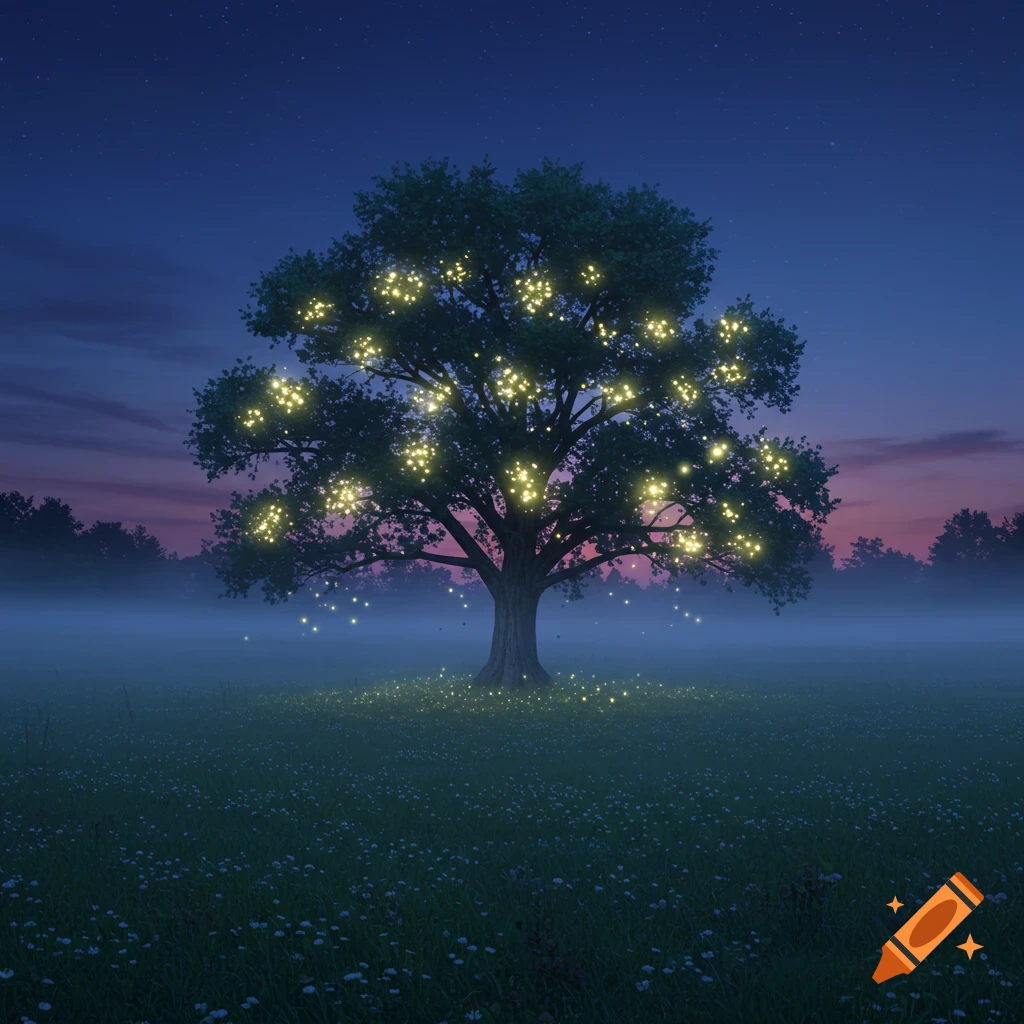 A large tree illuminated by glowing yellow lights in a misty field at dusk under a starry sky.