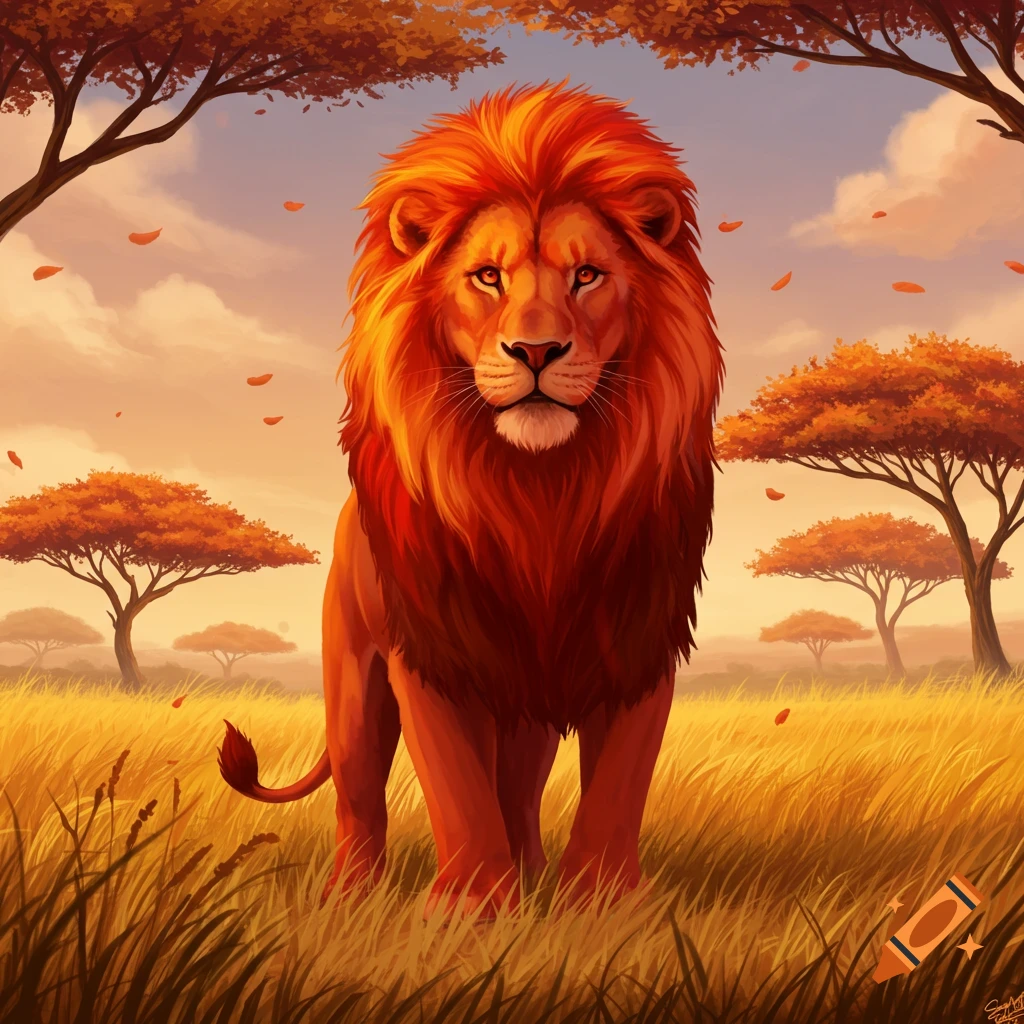 A vibrant red-maned lion stands in a golden savanna at sunset, surrounded by autumn-colored trees in a digital art style.