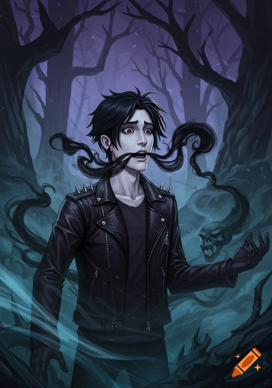 A pale young man in a leather jacket with black smoke and a skull coming from his mouth in a spooky dark forest, digital illustration.