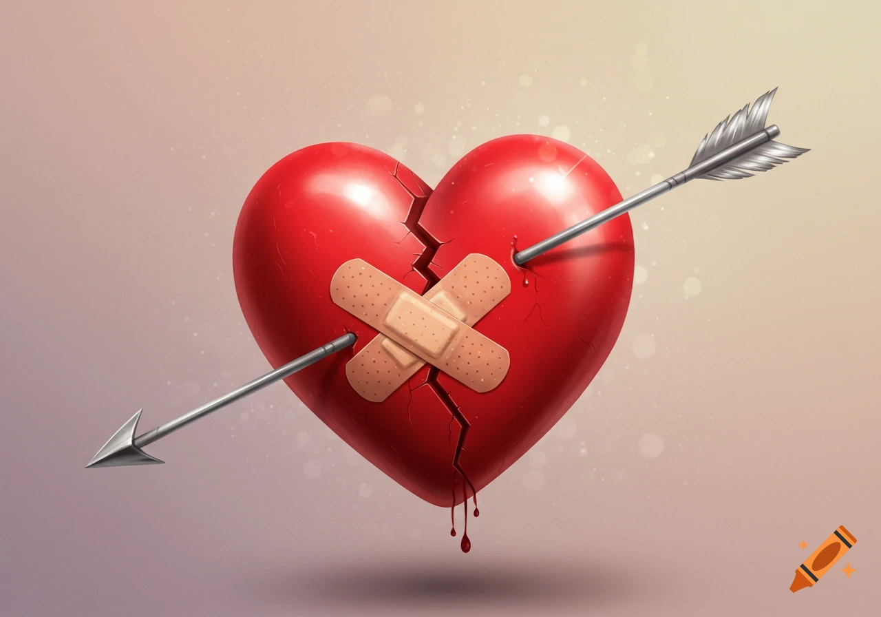 A stylized red broken heart with an arrow through it, patched with two bandaids, with stylized blood dripping.