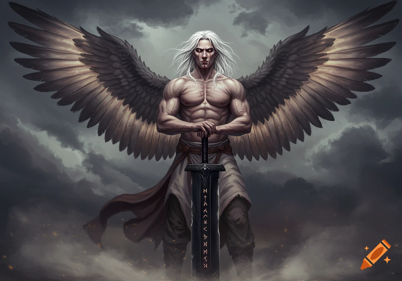 A powerful angel with white hair, large wings, and a muscular physique, holding a black Viking sword, standing under a stormy sky.