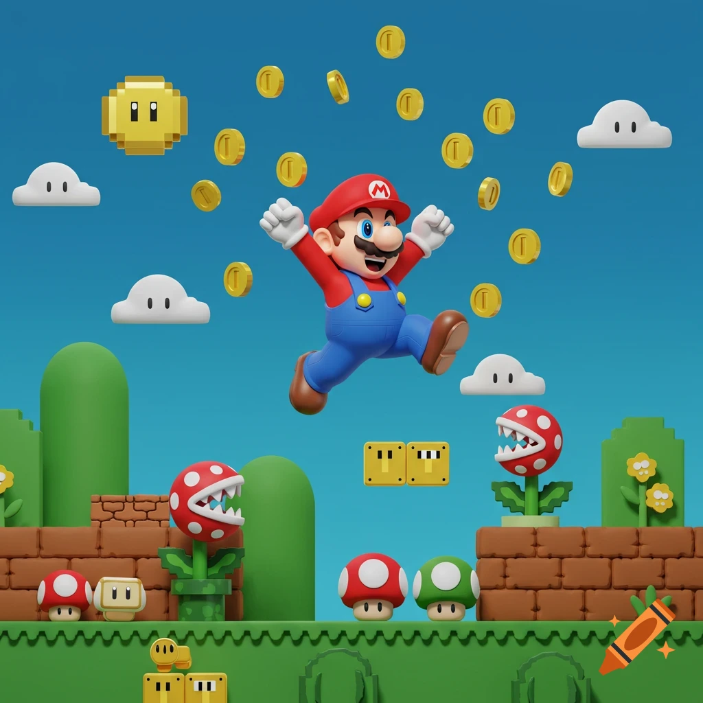 A 3D rendering of Super Mario jumping amidst coins, clouds, and Piranha Plants in a vibrant game-like scene.