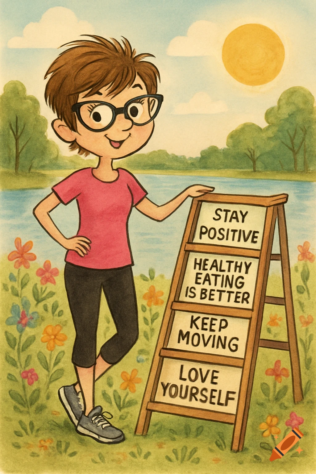 A smiling cartoon woman in glasses stands next to a ladder with motivational messages like 'STAY POSITIVE' in a sunny park by a lake.