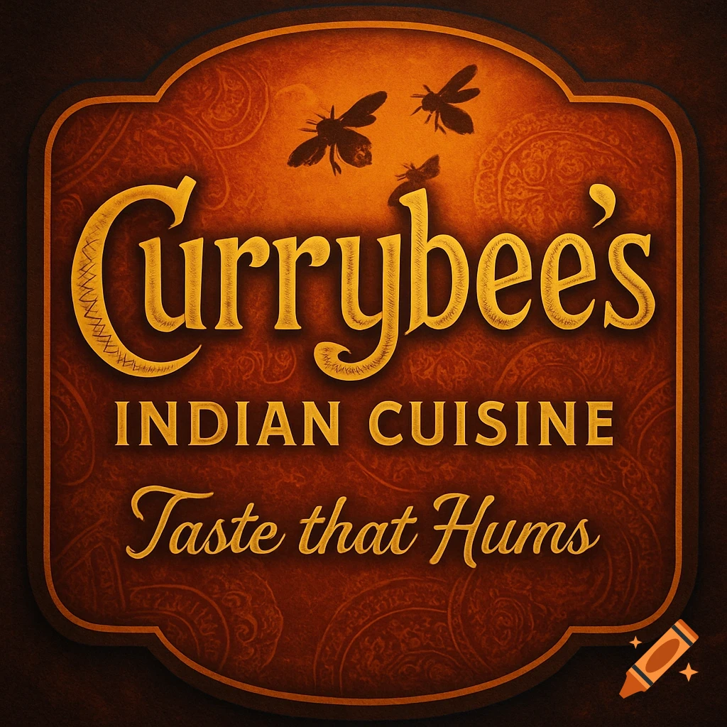 A vintage-style sign for Currybee's Indian Cuisine with three bees, featuring the slogan Taste that Hums.