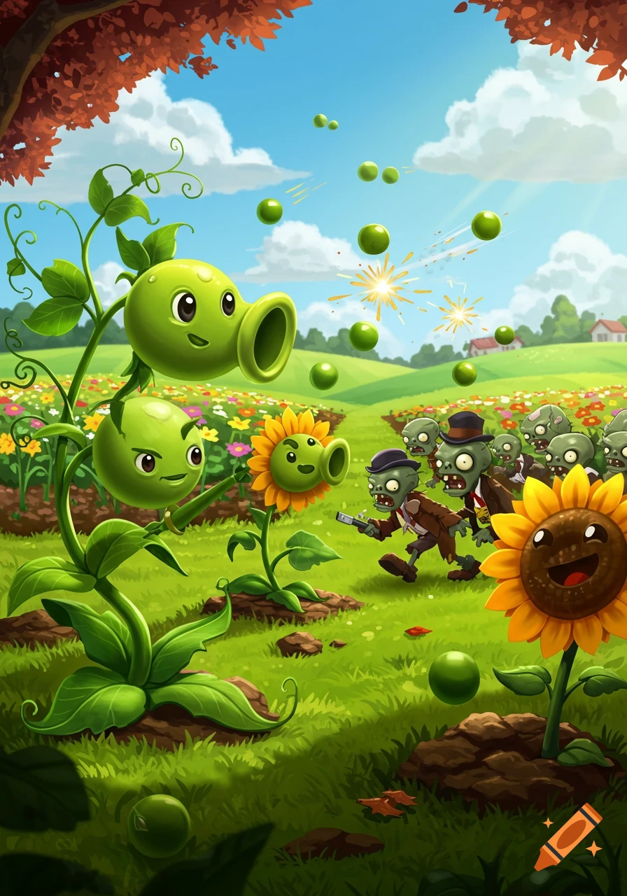 Cartoon plants (peashooters, sunflowers) fight zombies in a sunny green field, styled like Plants vs. Zombies.