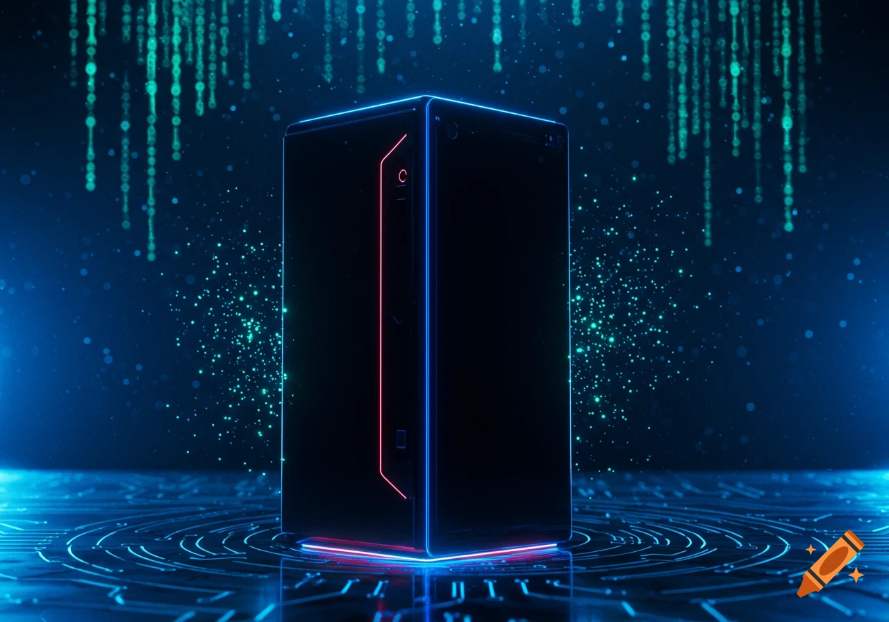 A sleek black computer tower with glowing blue and red neon lights stands on a circuit board in a dark, futuristic, digital environment.