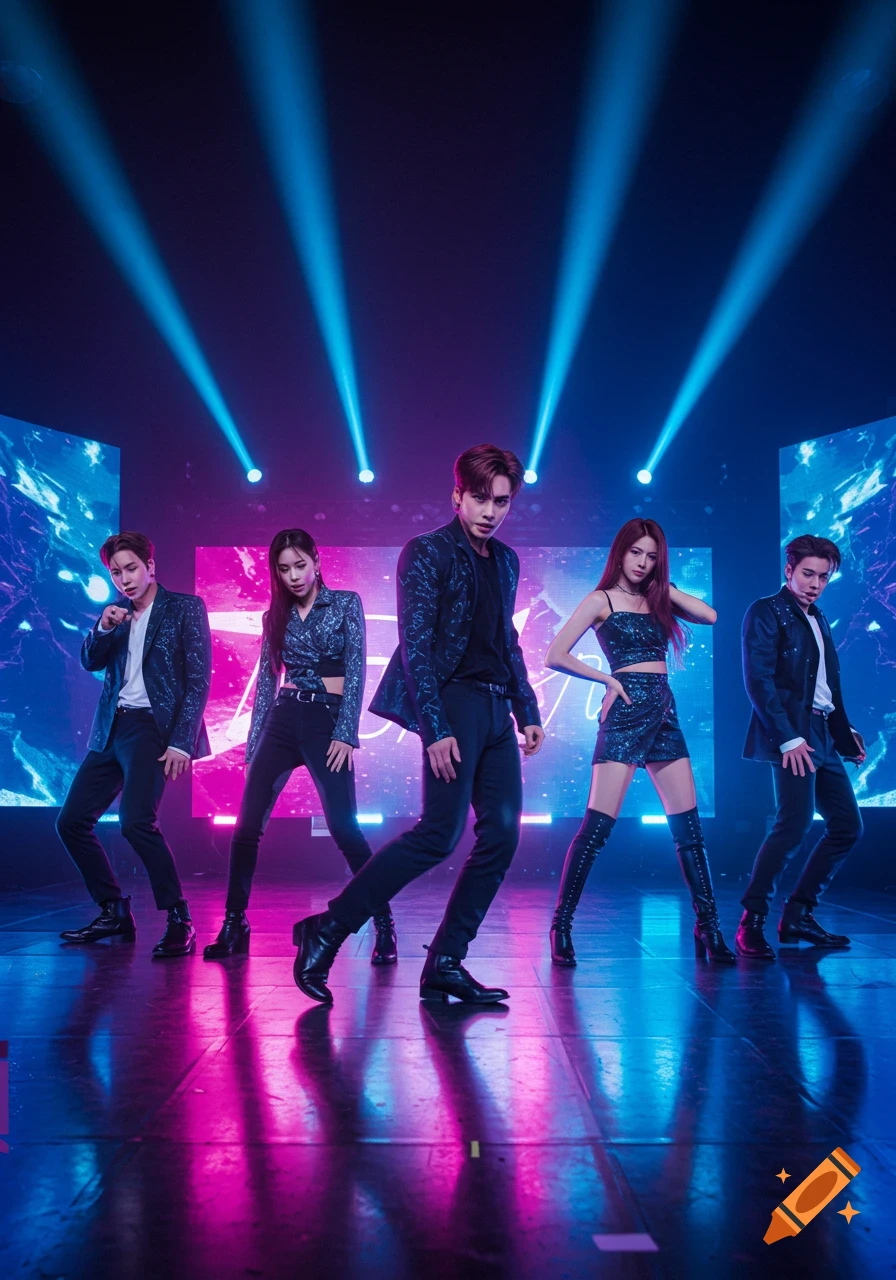 A five-member K-pop group performs on a stage lit with vibrant blue and pink neon lights.