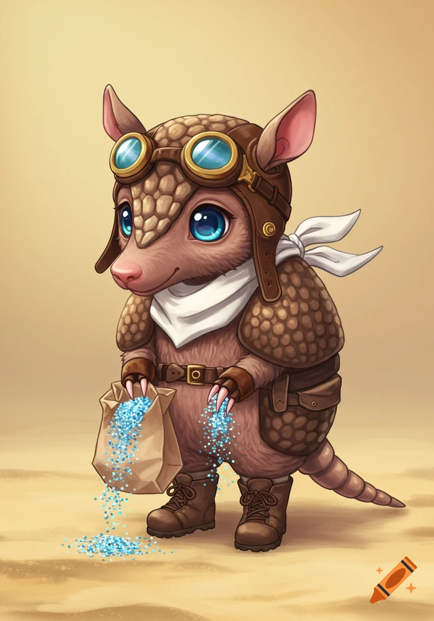 A cute chibi armadillo wearing a pilot helmet, goggles, and scarf, pouring blue glitter from a paper bag onto sand.