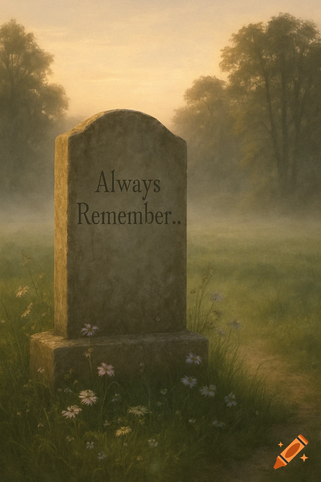 A stone tombstone inscribed with 'Always Remember..' in a misty, grassy field with trees and flowers at sunrise or sunset.