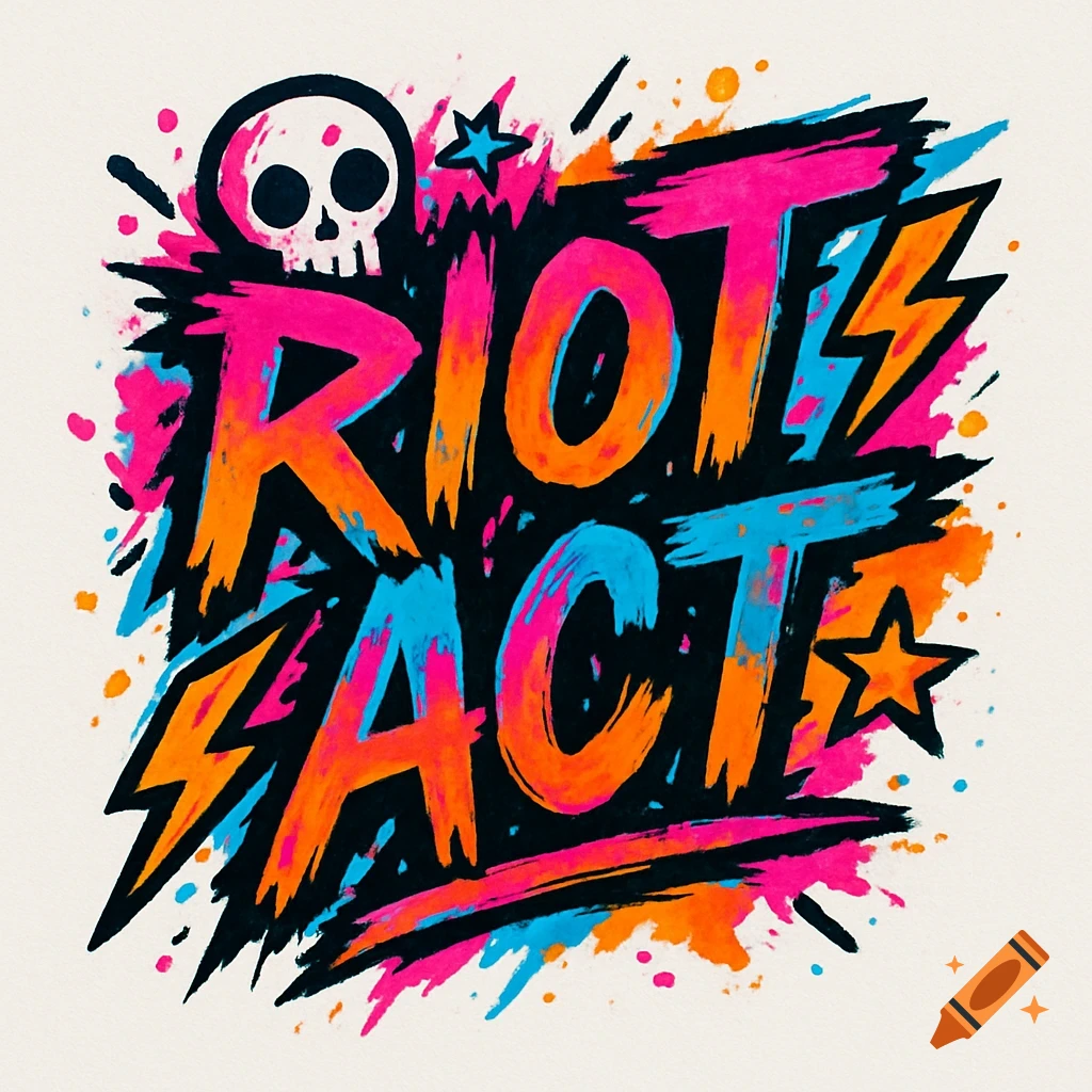 Colorful punk logo for 'RIOT ACT' with a skull, lightning bolts, and paint splatters.