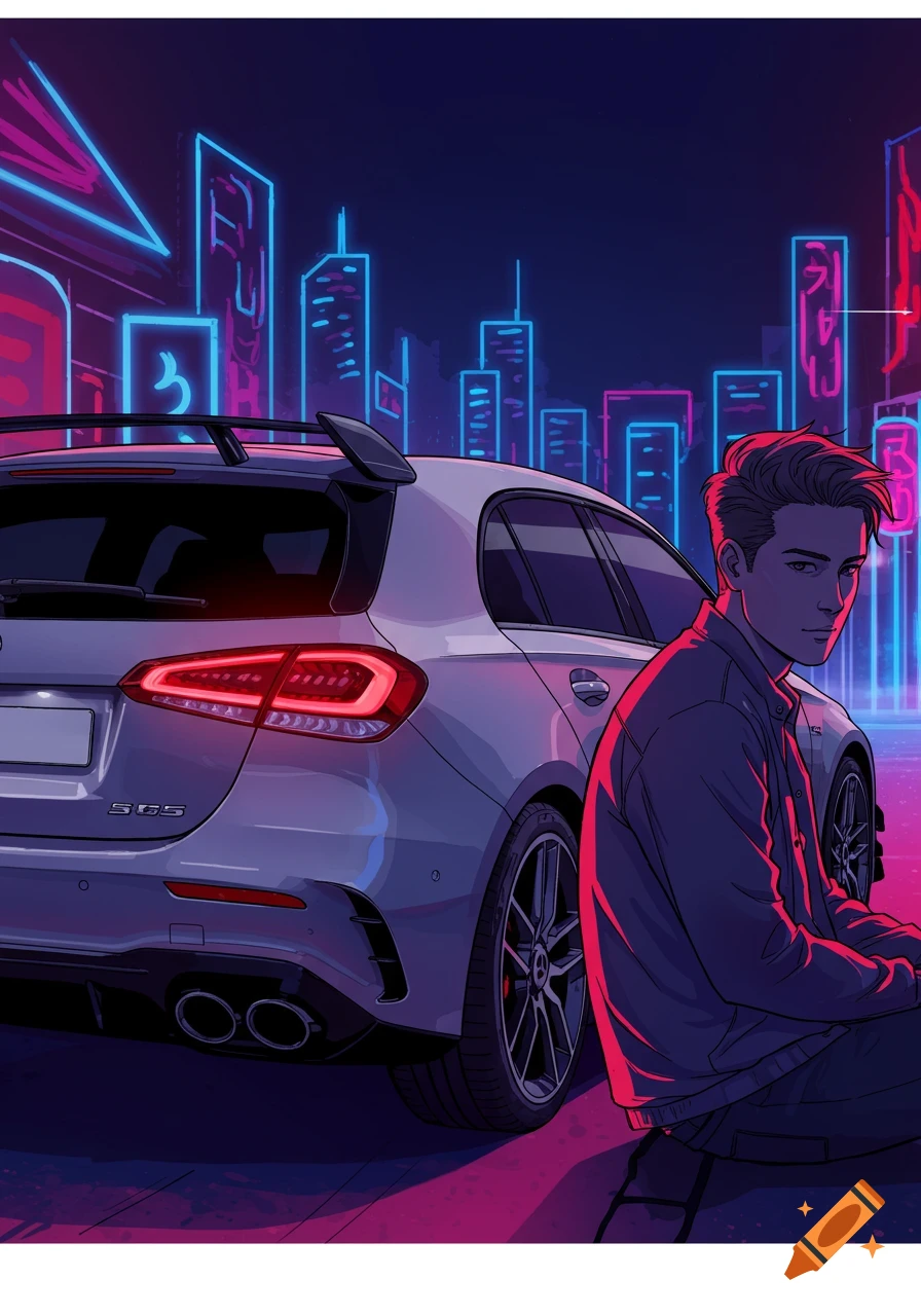 A man squats beside the tail end of a white Mercedes-Benz A45S in a neon-lit futuristic city at night, in a comic art style.