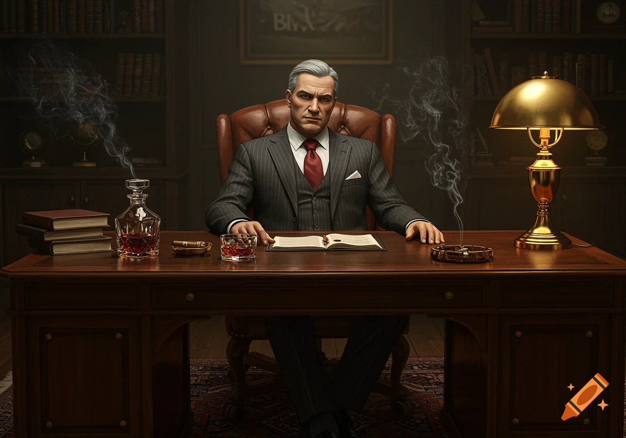 A serious-looking man in a pinstripe suit sits at a dark wooden desk with a drink, cigar, and smoking ashtrays in a dimly lit office.