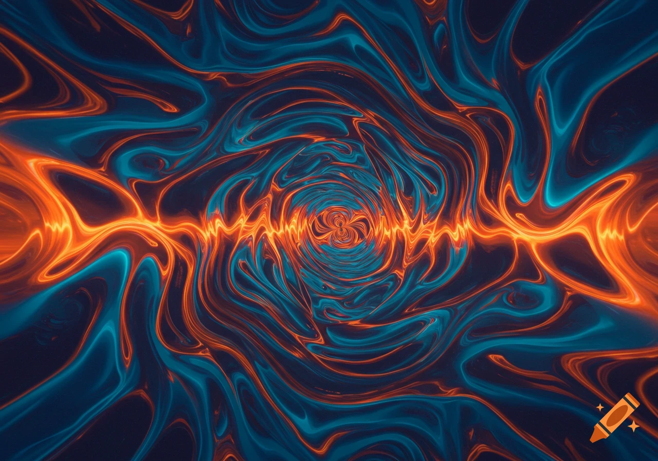 An abstract pattern of swirling orange and blue glowing lines forming a central vortex.