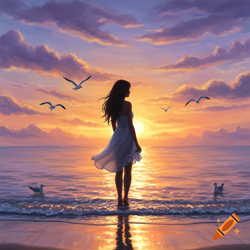 A stylized illustration of a woman standing in the shallow water of a beach at sunset, looking out at the ocean. Seagulls fly overhead.