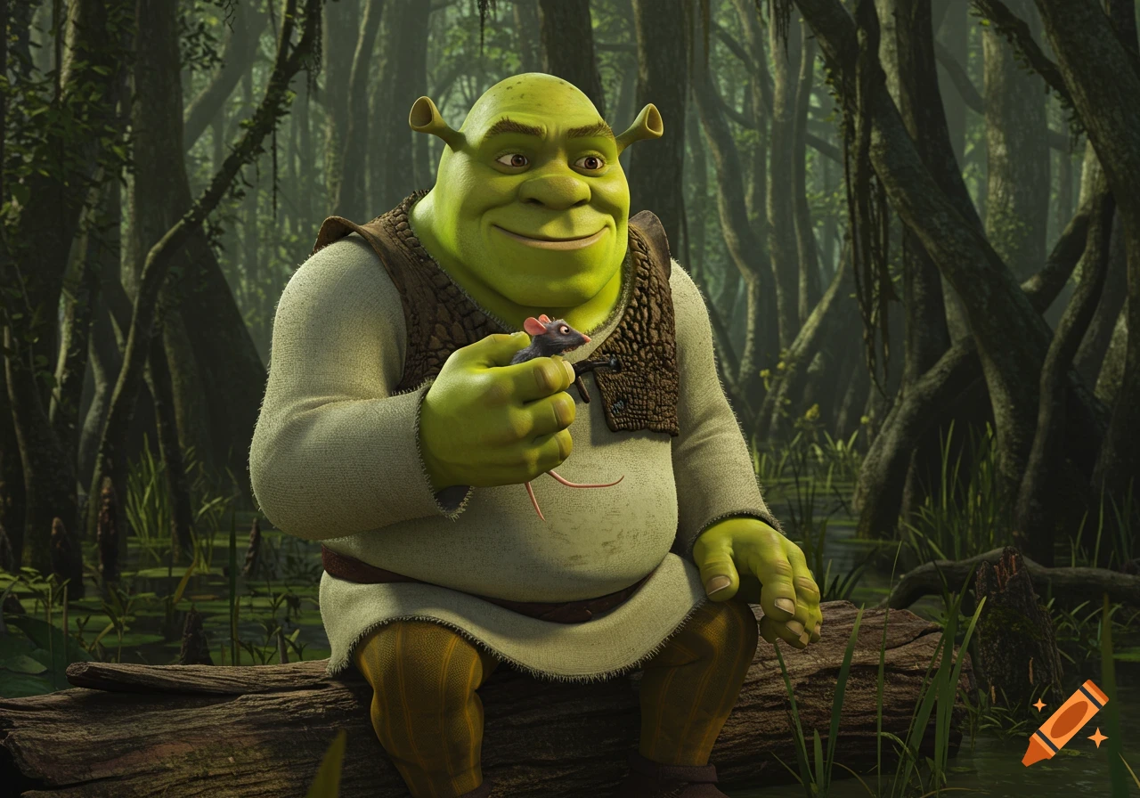 Shrek sits on a log in a swamp, holding a small brown rat.