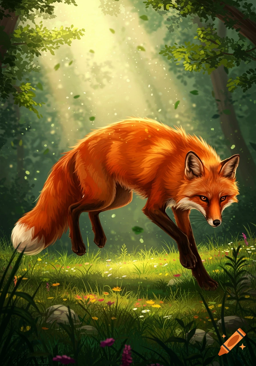 A vibrant orange fox with white-tipped tail walks through a sun-dappled forest floor with colorful wildflowers.