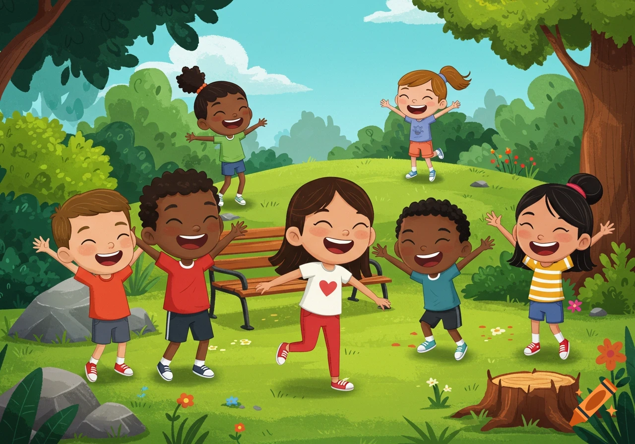 Cartoon illustration of six happy children of diverse ethnicities playing in a sunny green park with trees and a bench.
