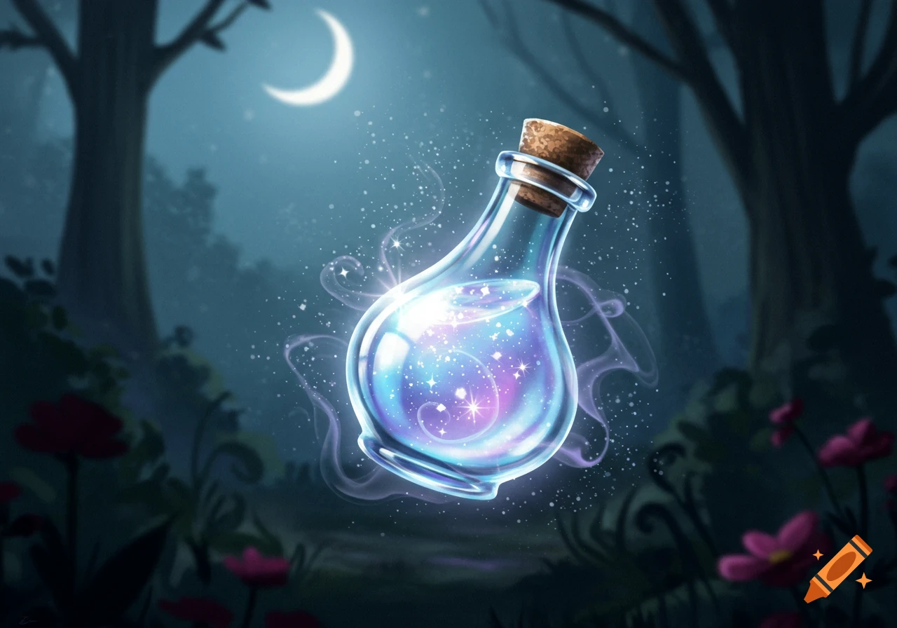 A glowing blue and purple potion bottle floats in a dark forest under a crescent moon, with sparkling magical effects.