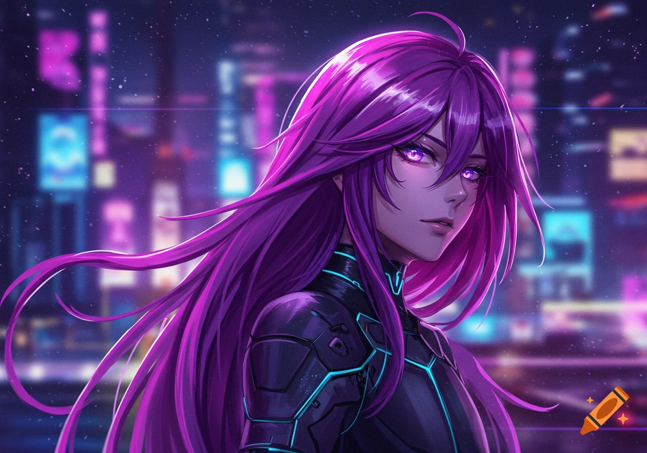 An anime-style character with long, flowing purple hair and glowing eyes, wearing futuristic armor, stands against a blurry neon city at night.