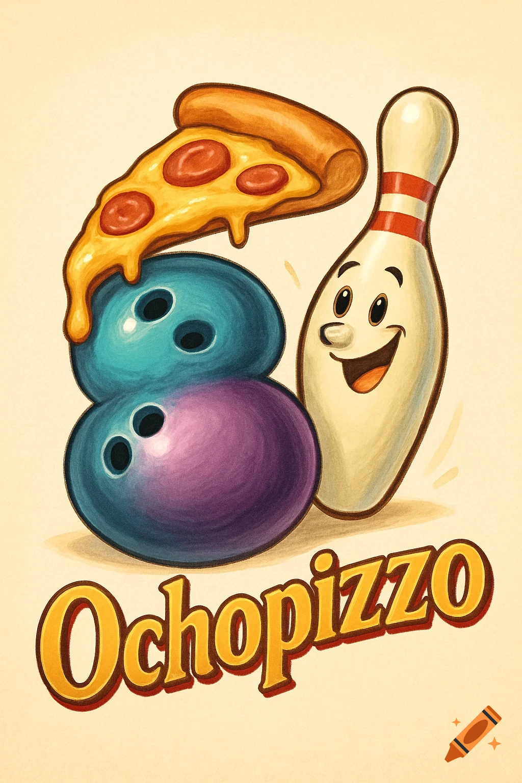 Cartoon bowling logo with bowling balls forming an 8, a pizza slice, and a smiling pin, above 'Ochopizzo' text.