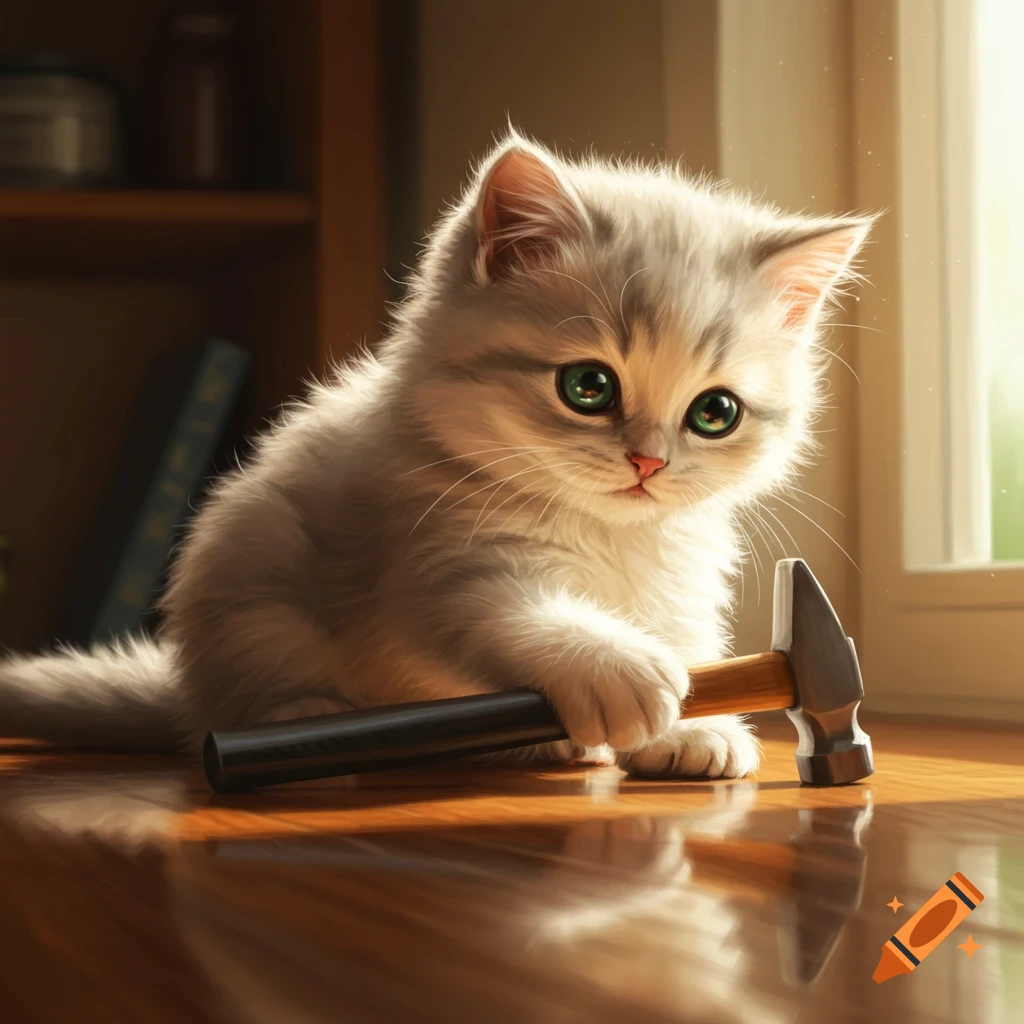 A cute, fluffy kitten with big green eyes holds a hammer on a sunny wooden floor.
