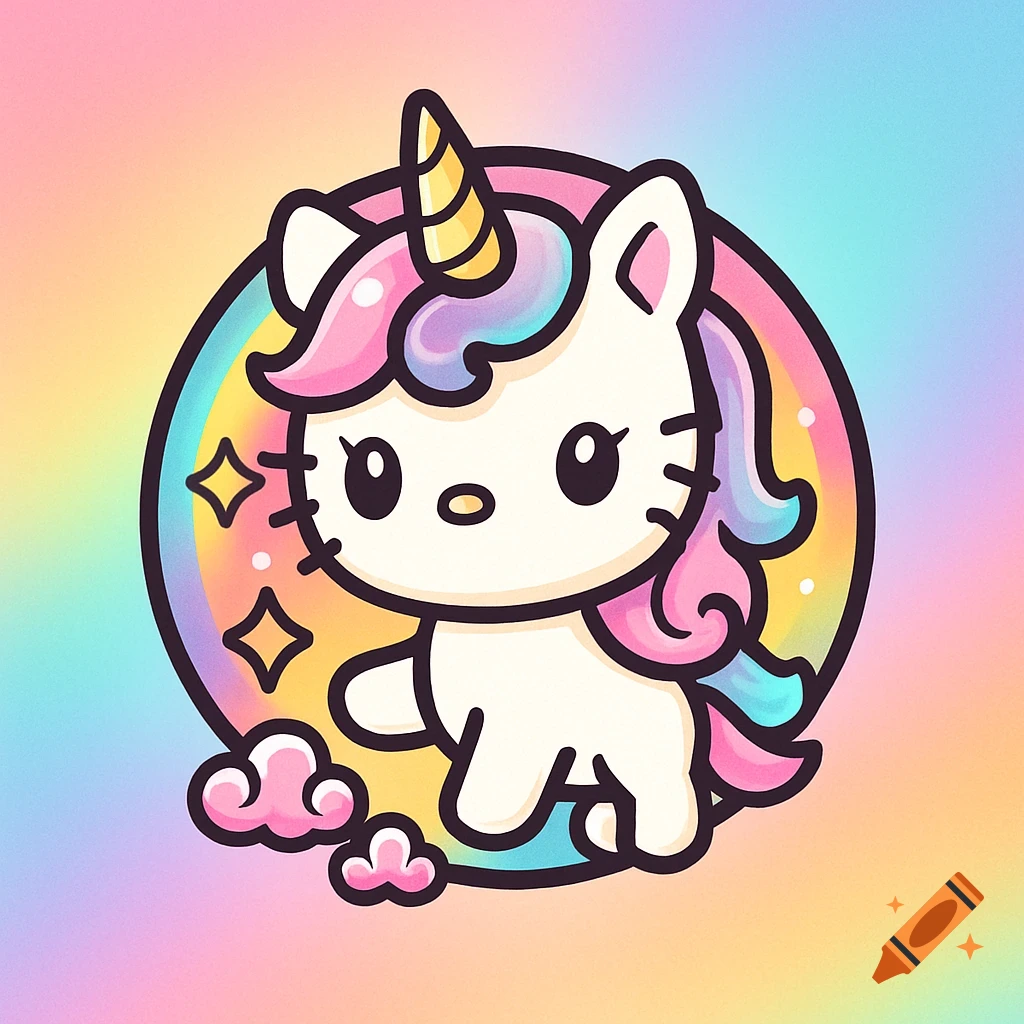 A cute, cartoon unicorn in Hello Kitty style, with a rainbow mane and horn, against a pastel gradient background.
