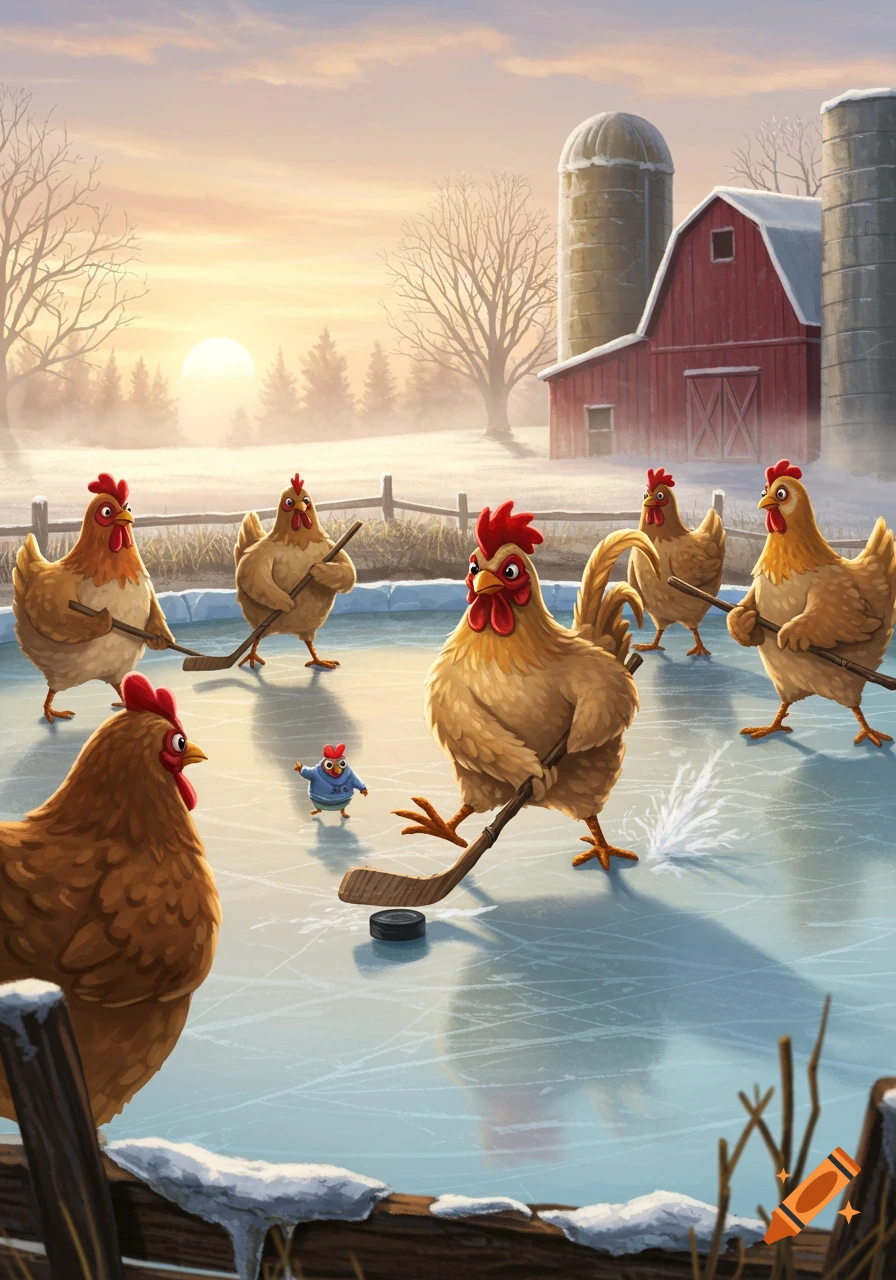 Cartoon chickens play hockey on an outdoor ice rink, with a small chick watching. A snowy farm and a sunset are in the background.
