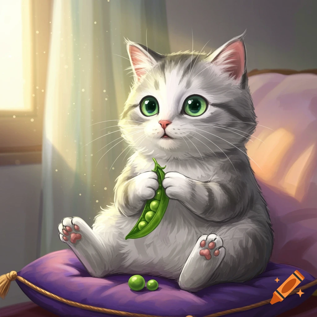 A cute, fluffy gray and white kitten with large green eyes sits on a purple pillow, holding an open pea pod in a vibrant digital illustration.