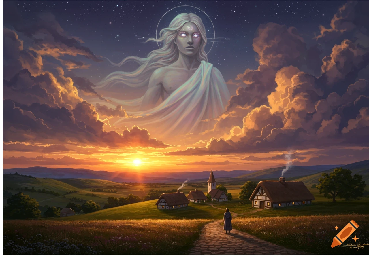 An epic god with glowing eyes emerges from the clouds at sunset over a picturesque village with a person on a path, digital art.