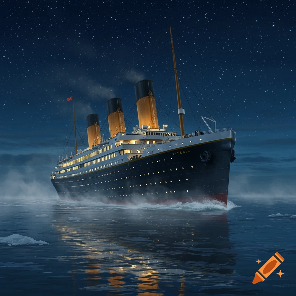The RMS Titanic sails through icy waters under a starry night sky, illuminated by its own lights.