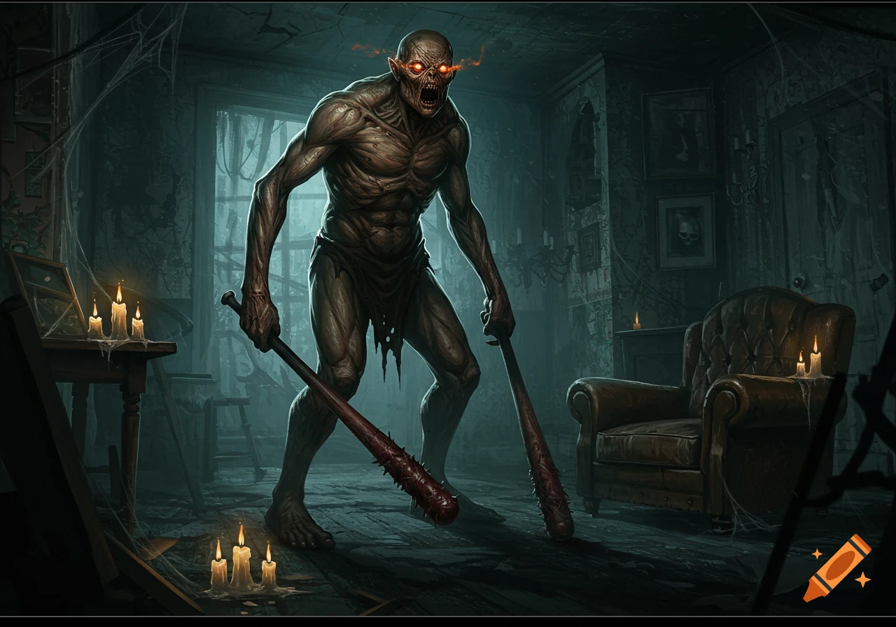 A scary, pale-skinned monster with glowing red eyes and fangs, holding two spiked baseball bats, stands in a dim, cobweb-filled haunted mansion with flickering candles.