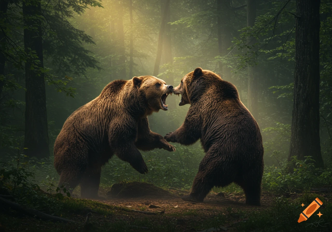 Two grizzly bears roaring and lunging at each other in a sun-drenched forest, photorealistic.