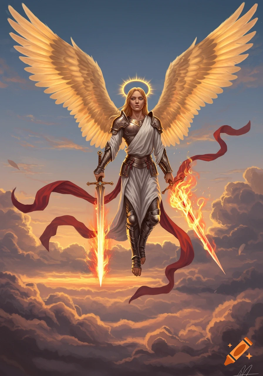 An angelic warrior with large golden wings, a halo, and armor hovers in the sky among golden clouds, holding two flaming swords.