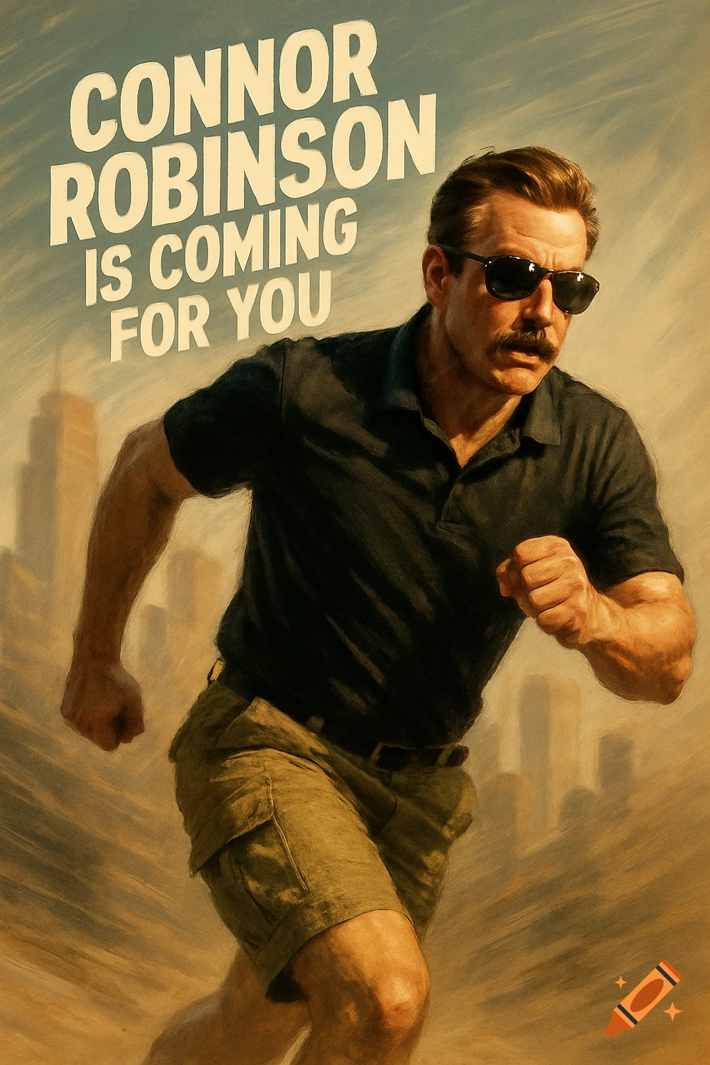 A man with a mustache and sunglasses in a black polo and khaki shorts runs forward, with 'CONNOR ROBINSON IS COMING FOR YOU' text.