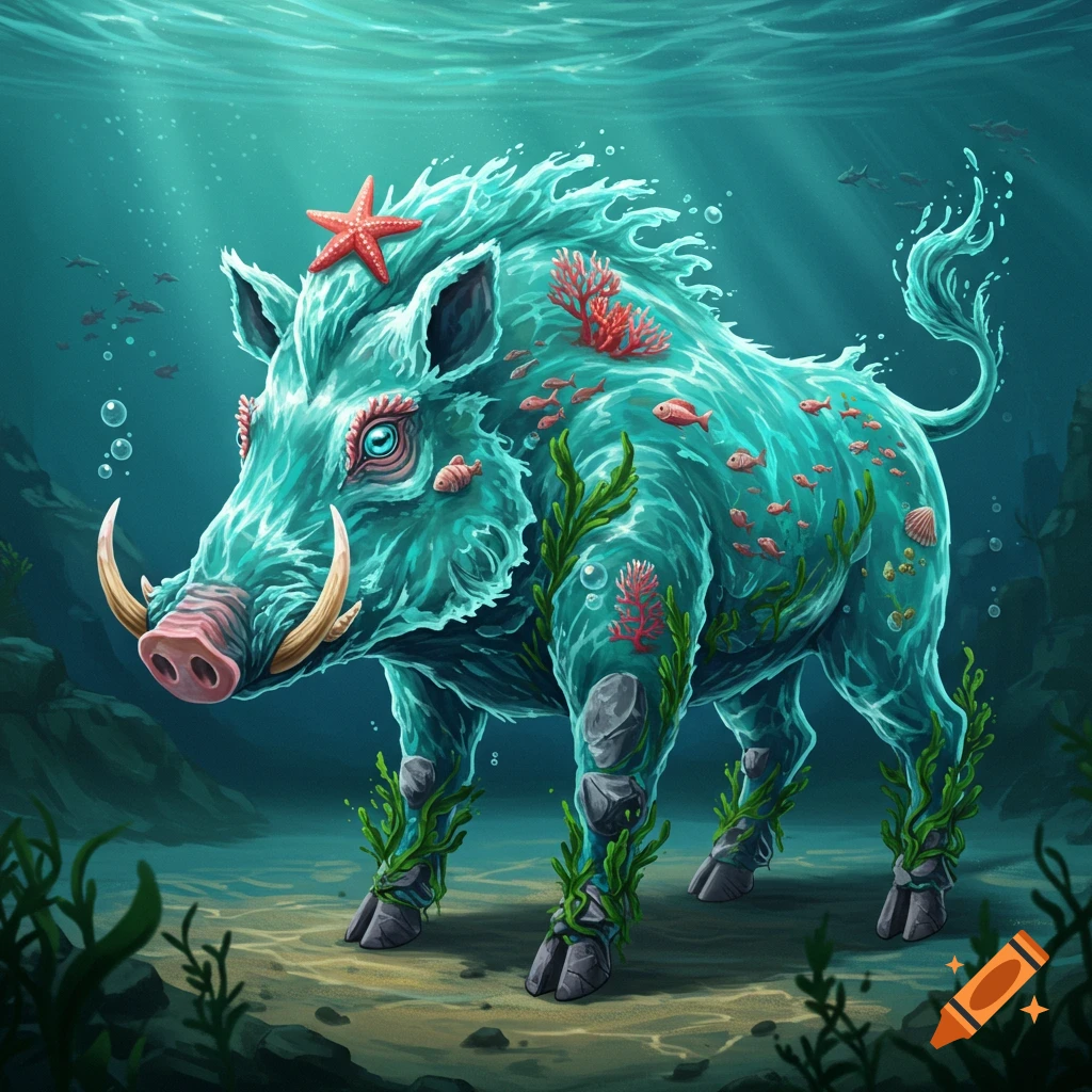 A fantasy sea boar with a watery teal body, small fish inside, stone hooves, seaweed tail, and a starfish on its head, swimming underwater.