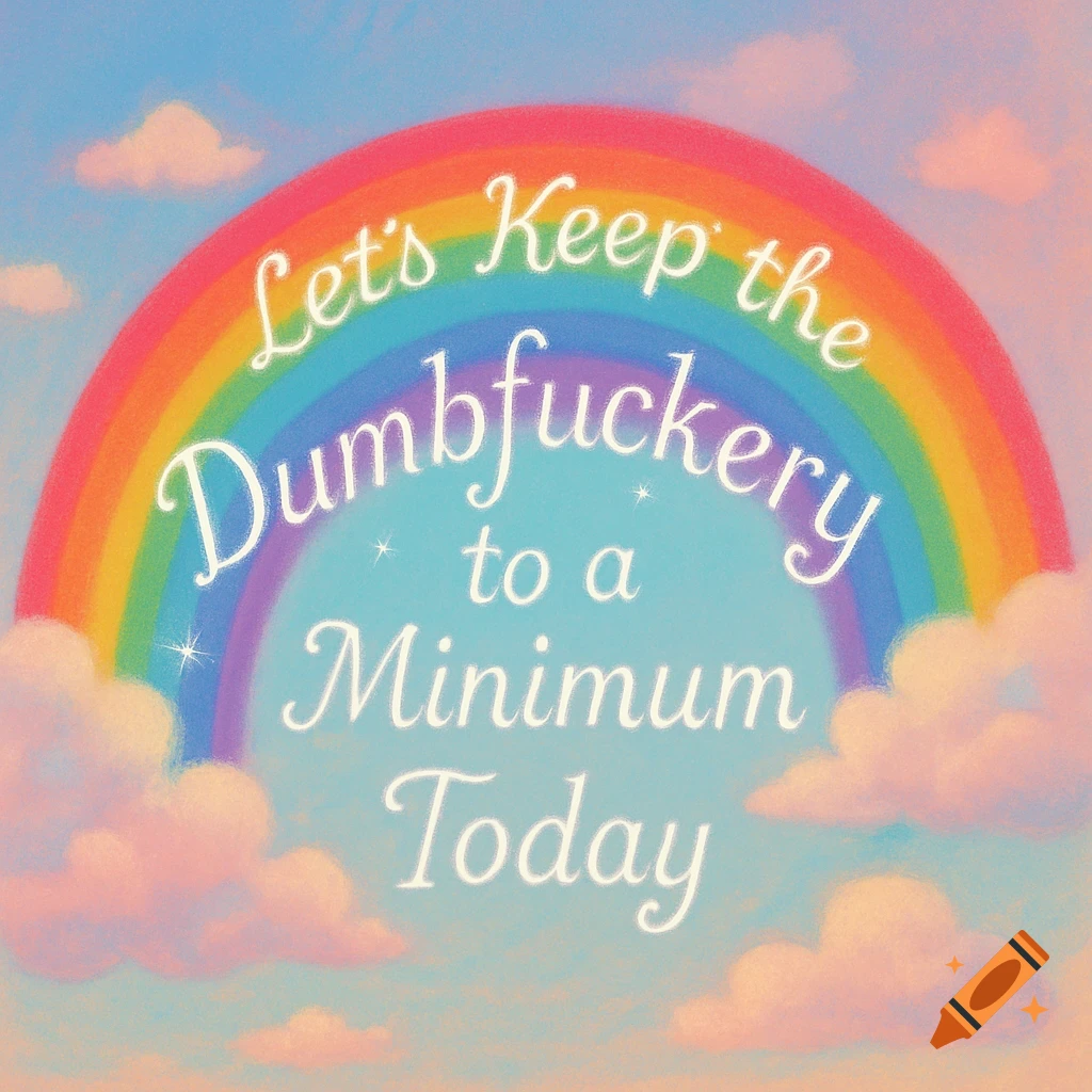 A colorful rainbow with white clouds under a blue and pink sky, featuring the text 'Let's Keep the Dumbfuckery to a Minimum Today' in white script.