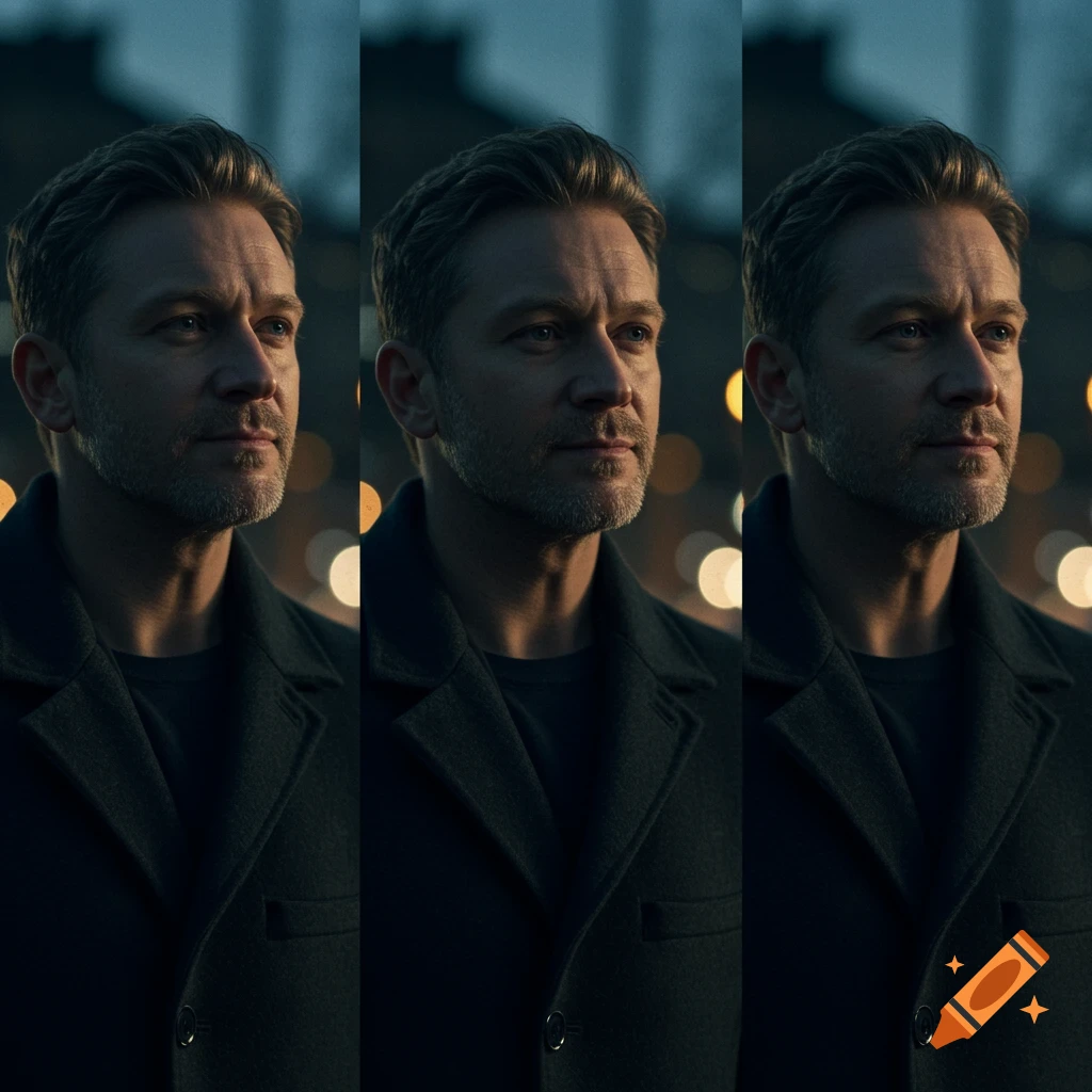 Three photorealistic portraits of a man with a beard and dark coat, looking slightly left, right, and forward, with blurred city lights in the background.