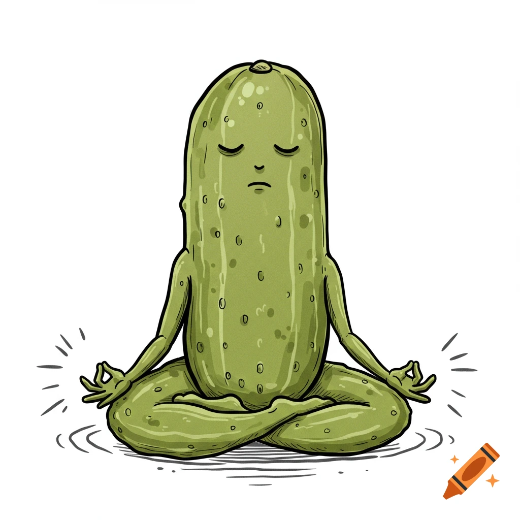 A green cartoon pickle sits cross-legged in a meditative pose, eyes closed, on a white background.
