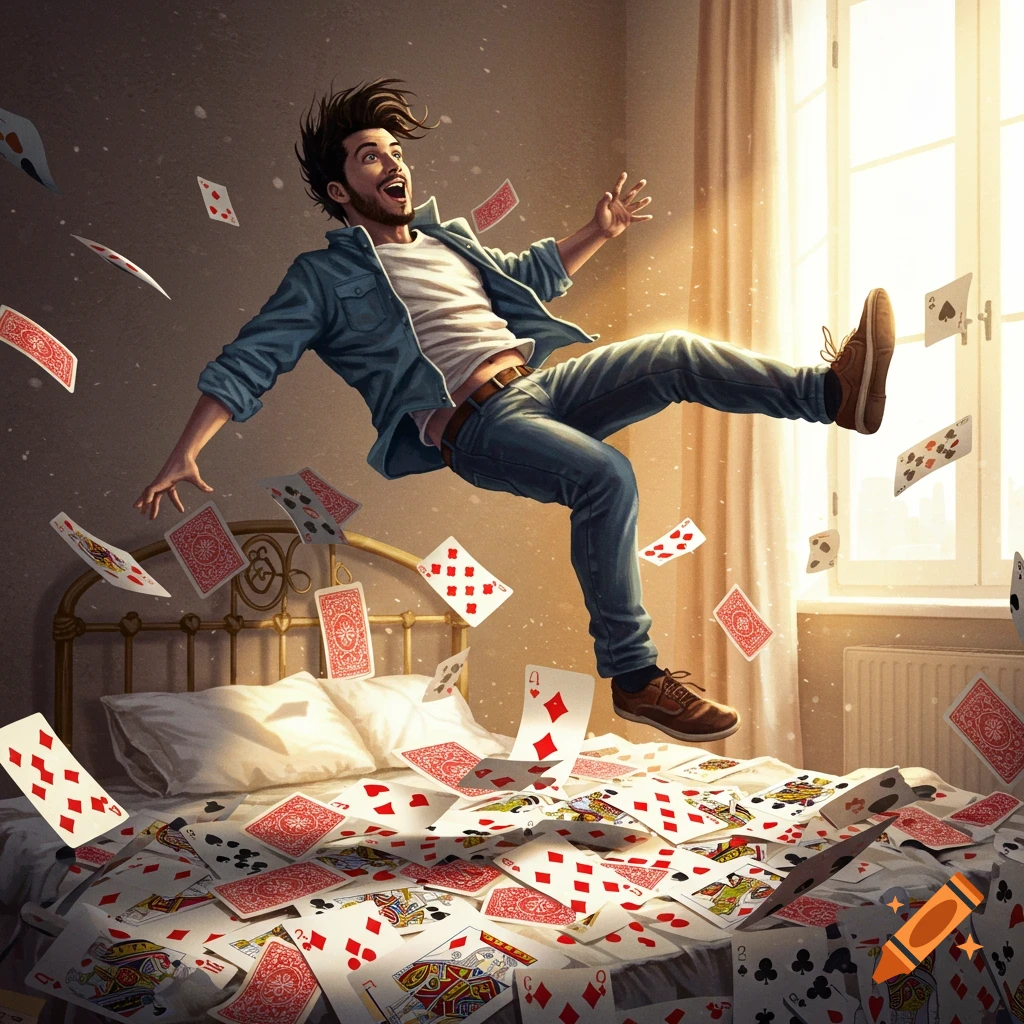 A man jumps backward over a bed covered and surrounded by floating playing cards in a sunlit room.