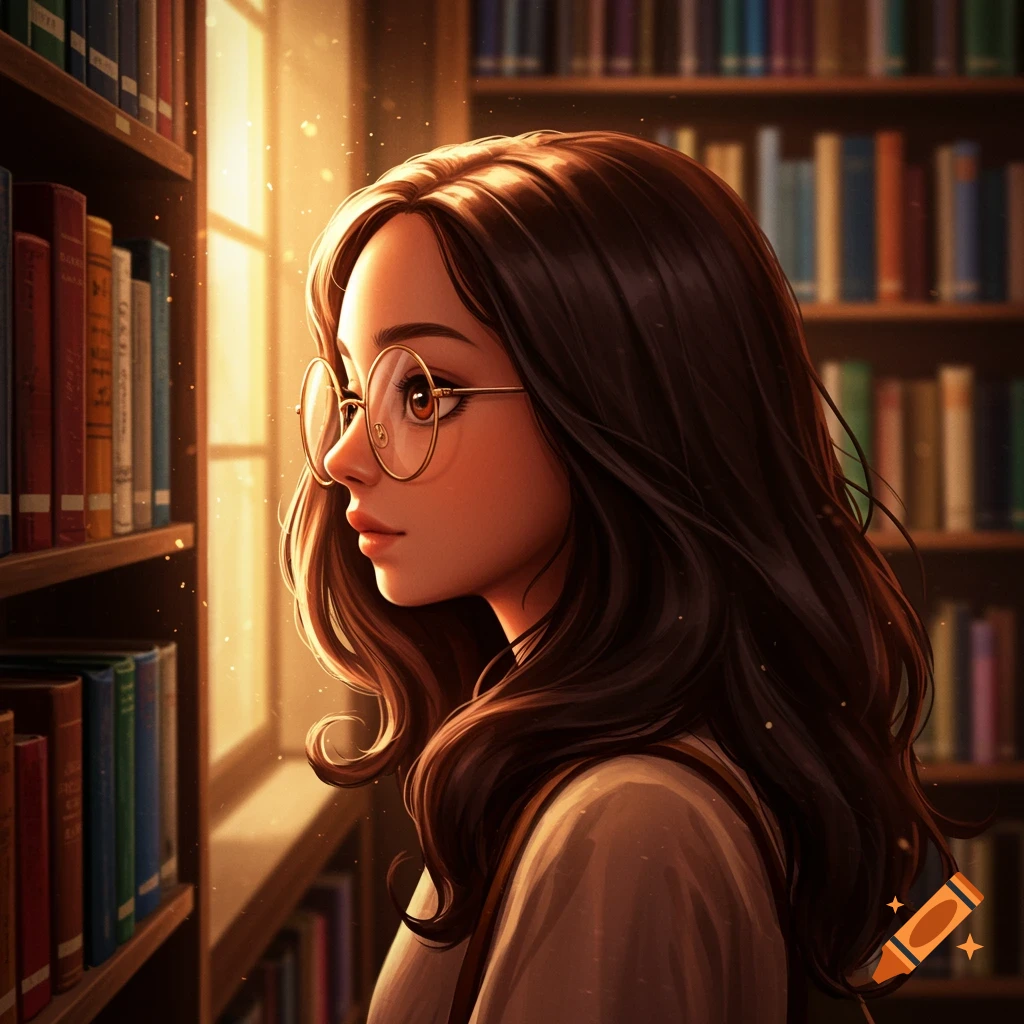 Anime girl with glasses and dark brown hair looking at books in a sunlit library.