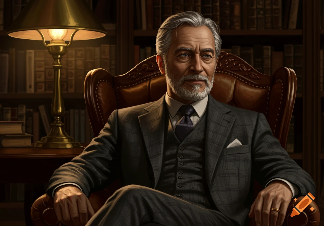 A distinguished older man with a grey beard sits in a leather armchair in a dimly lit library, illuminated by a table lamp.