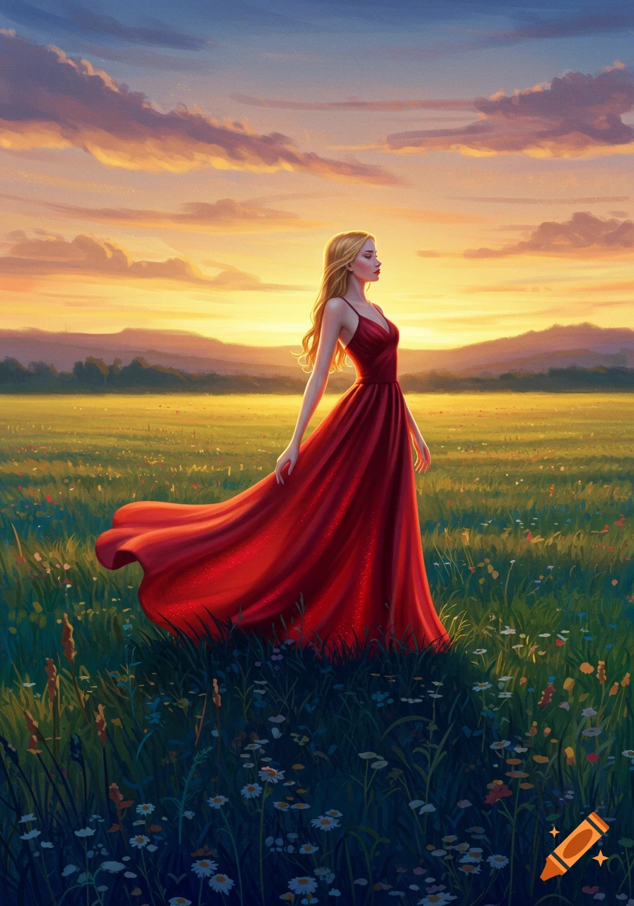 A blonde woman in a flowing red dress stands in a green field with wildflowers at sunset, looking towards the horizon.