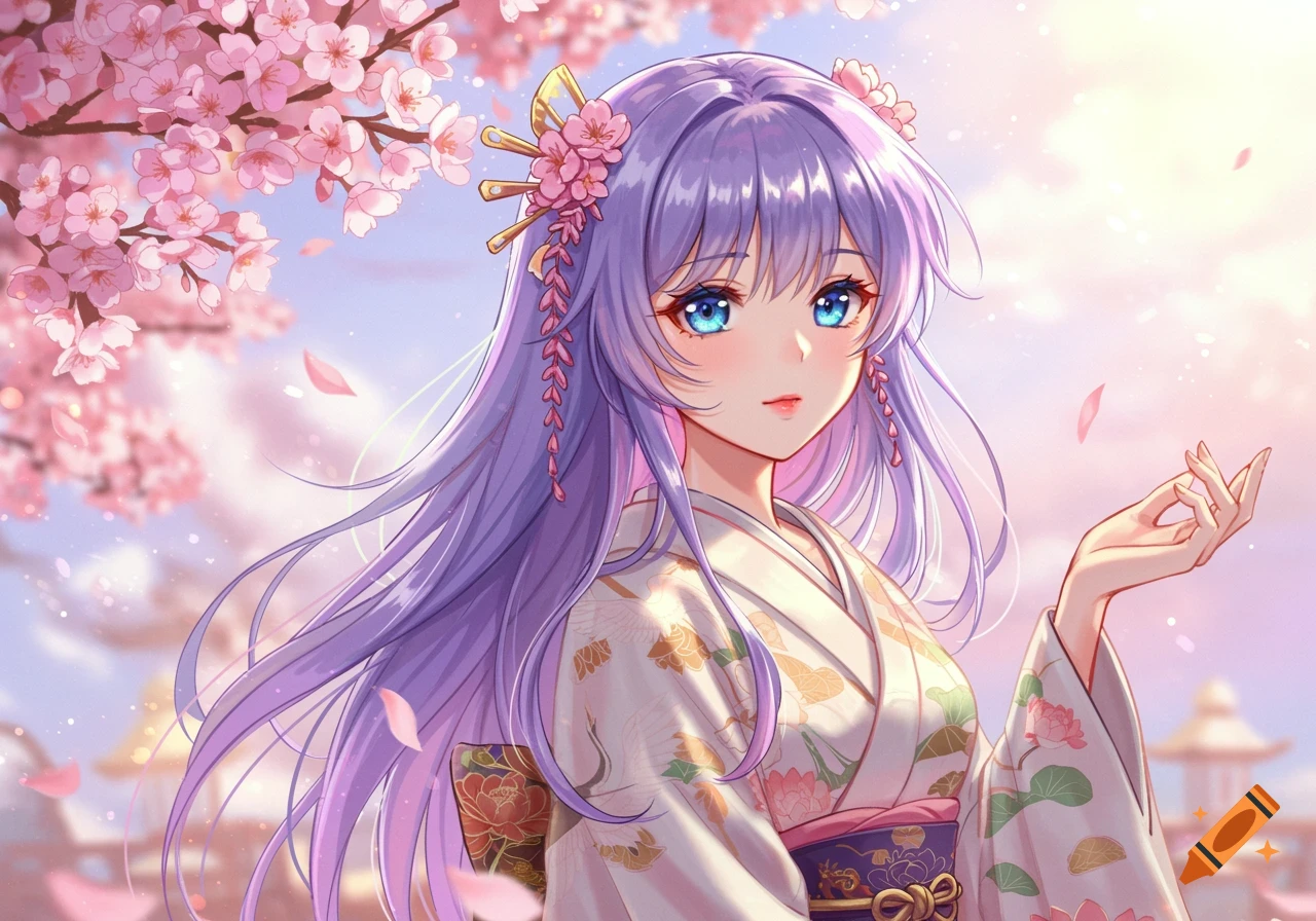 Anime girl with long purple hair and blue eyes, wearing a kimono, standing under blooming cherry blossoms.