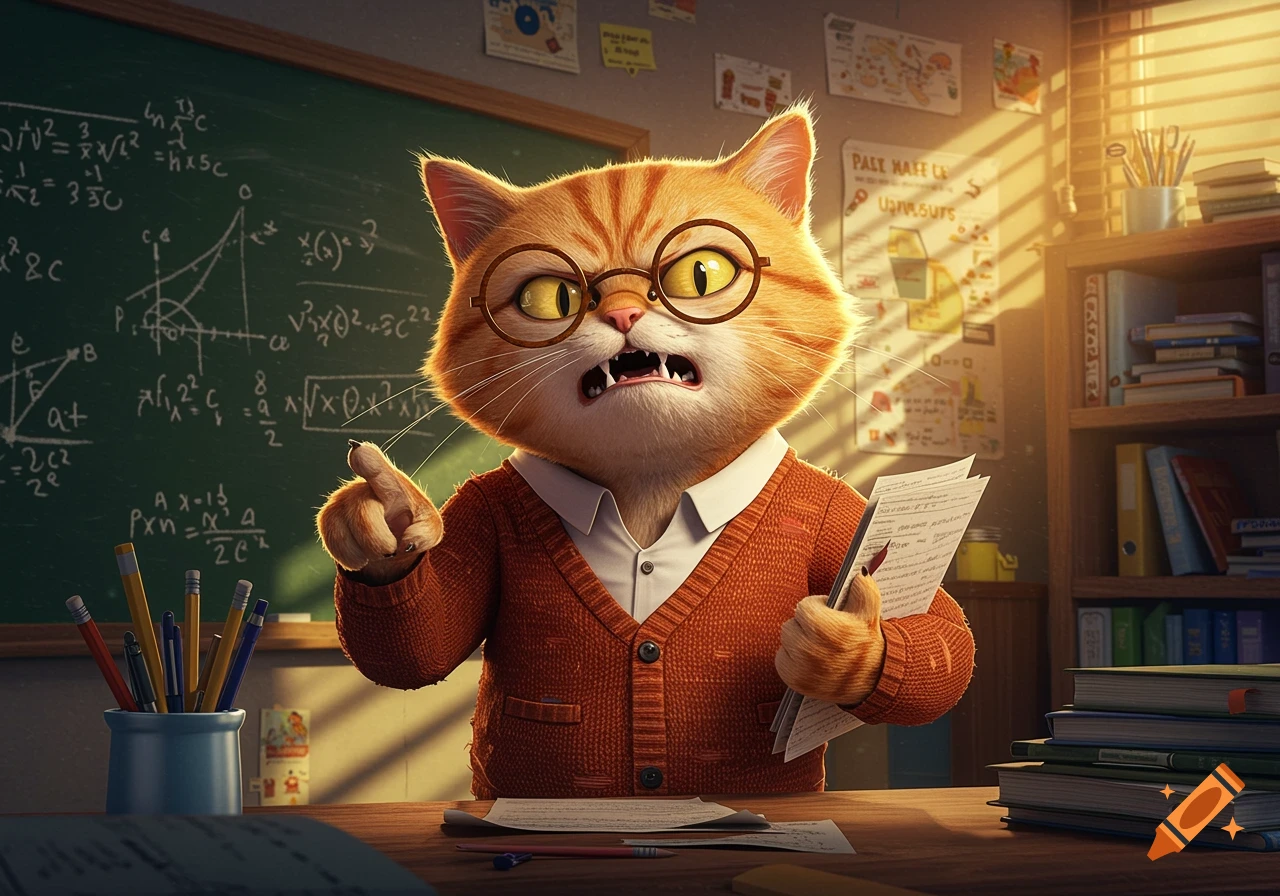 An angry cartoon orange cat wearing glasses and a cardigan points, holding papers in a classroom with a blackboard and bookshelves.